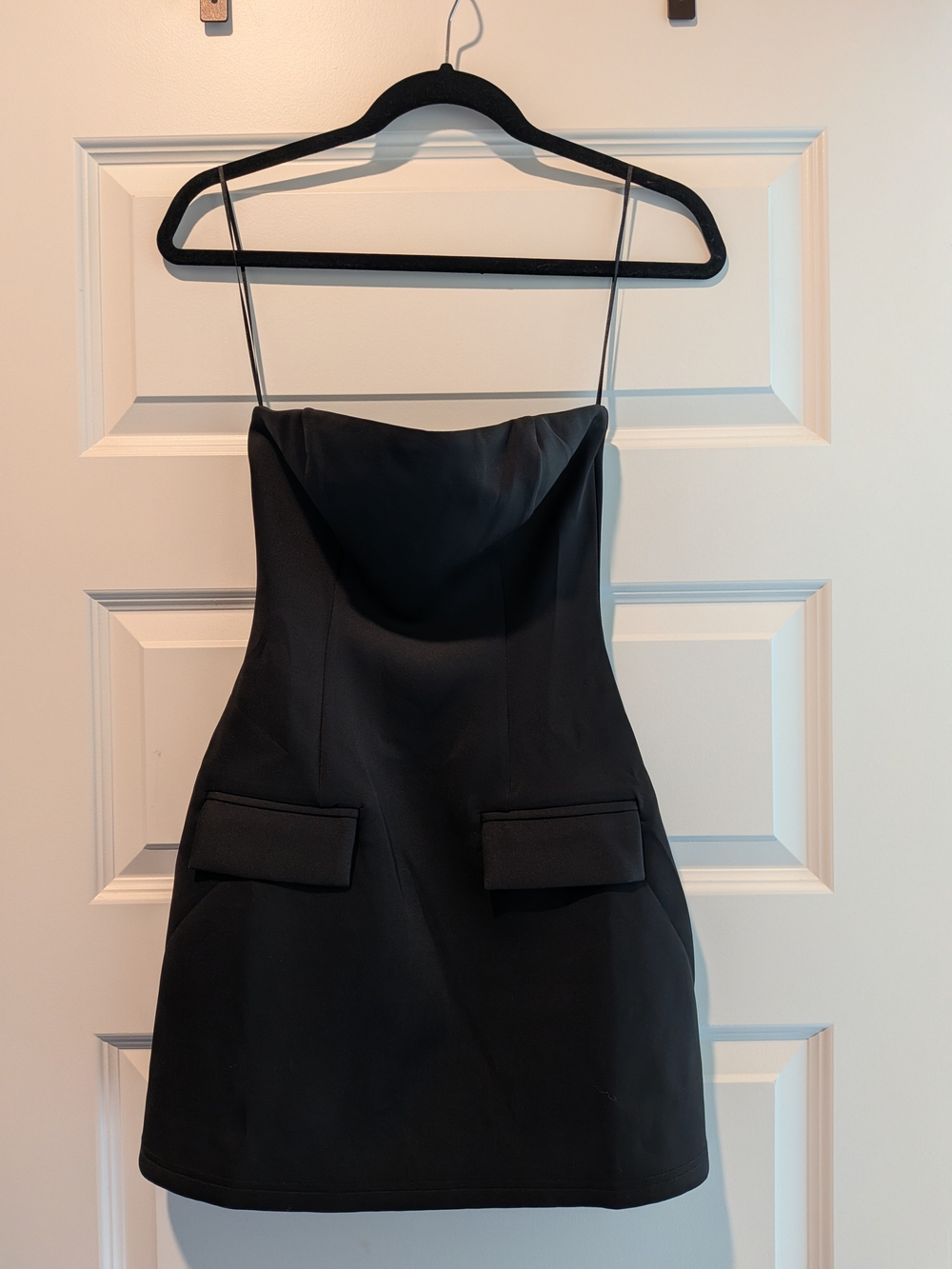 Black Strapless Mini Dress with Flap Pockets